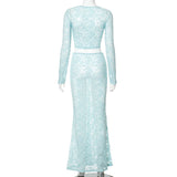 Mesh See Through Summer Women 2 Piece Set Long Sleeve Crop Top+ Ruched Long Wrap Skirt Two Piece Sets Summer Beach Wear-Outfit