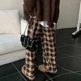 Waist Women's Brown Plaid Pants Streetwear Oversize Wide Leg Checkered Trousers Woman 2024 Loose Y2K Retro Sweatpants Mujer-Outfit