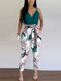 Fashion Two Piece Set Casual Wear Suits Set Two Piece Outfit spaghetti strap Top & FloralPrint High Waist Pants