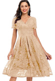 Lace Short Sleeves V-Neck Swing Bridemaid