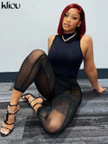 Kliou Solid Concise Two Piece Set Women Skinny Mock Neck Sleeveless Bodysuits+ Mesh See Through Leggings Acctivewear Female