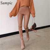 2021 Autumn Design Slit Women Khaki Skinny Leather Pants Ladies High Waisted Slim PU Zip Up Winter Pencil