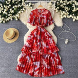 Retro Tea Faint Dyed Print Dress Women Waist Horn Sleeves Thin Temperament Lotus Leaf Side Chiffon Long