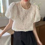 Woherb Chic Sweet Flower Texture Sense Short-Sleeved Chiffon Shirt Female Summer New French Temperament Small Shirt Jacket-Outfit