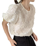 Woherb Chic Sweet Flower Texture Sense Short-Sleeved Chiffon Shirt Female Summer New French Temperament Small Shirt Jacket-Outfit