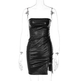Pu Leather Strapless Tube Sleeveless Bodycon Slim Sexy Mini Dress 2021 Fall Winter Women Christmas Halloween Party