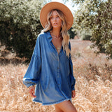 hirigin Women Long Sleeve Denim Dress Casual Loose Solid Lapel Button Down Tiered Babydoll Knee Length Office Jean