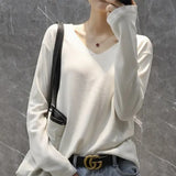 Women Sweaters White Long Sleeve O-neck Basic Pullovers Spring Autumn Solid Korean Sweater Bottoming Shirts V-neck