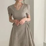 Cotton Linen Long Dress Summer Slim Waist A Line Temperament Lady Retro Vintage Cute Korean Chic Women Dresses