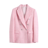 Spring Plaid Textured Double-Breasted Suit Coat Textured Skirt Suit-Outfit