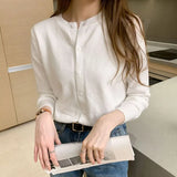 Women's Round Neck Cardigan Sweater Lightweight Long Sleeve Knitted Cardigans Woman Solid Color Button Up Jumper Jacket-Outfit