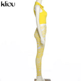 Kliou Casual Two Piece Set Women Sporty Sleeveless Crop Top+Skinny Print Leggings Matching Outfit Female Concise Cool