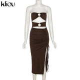 Kliou Draw String Maxi Dress Women Sexy Slash Neck Backless Bodycon Vestido Hot Female Body-shaping Streetwear Summer
