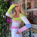 Long Sleeve Knitted Patchwork Autumn 2021 Y2K Sweater Tops Women Winter Hollow Out Skinny Pullover Crop Jumpers