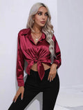 Satin Shirt Satin Imitation Silk Long-Sleeved Pure Color Elegant Button Front Lapel Shirt-Outfit