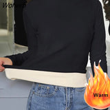 Warm Basic Soft Velvet T-shirts Women Fall Winter Turtleneck Jumper Velvet Lined Tops Casual Long Sleeve Slim Velour Tee-Outfit