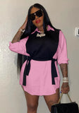 Casual Turn-down Collar Full Sleeves Solid with Black Vest Mini Loose Two Piece Shirt