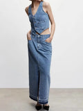 2023 Women Summer Denim Vests Coats Fashion Solid Pockets Buttons V-Neck Female Elegant Street Waistcoat Vest Clothing-Outfit