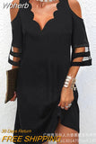 Women Short Sleeve Mini Dress Summer Contrast Mesh Scallop Trim Cold Shoulder Casual Dress Spring Casual Fashion-Outfit