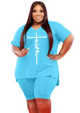 Plus Size Casual Print V-Neck Long Sleeve Top Biker Shorts