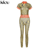 Kliou Sexy Mesh Two Piece Set Women SeeThrough Midnight Style Striped Color Blocking Top+Letter Print High Stretchy
