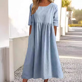 Cotton-Sleeved Short-Sleeved Pocket Folded Loose Round-Neck Dress In Summer