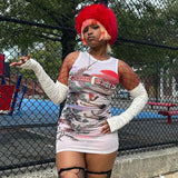 2024 Summer Women Sleeveless Dresses Slim Bodycon Printed Mesh Sexy Mini Dress Streetwear Pullover O Neck Clothing-Outfit