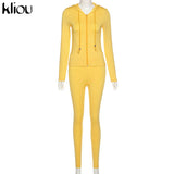 Kliou autumn new women hooded zipper pocket long sleeve tops sporty leggings matching set workout bodycon casual stretchy