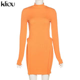 Kliou Knitted Stitching Mini Dress Women Hipster Skinny Three-Dimensional Decoration Bodycon Long Sleeve Turtleneck