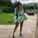 Fashion Y2K Ruffles Long Sleeve Floarl Print Tracksuit Women 2021 Summer Autumn Shirt Tops And Mini Shorts Two Piece
