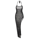 Mesh Leopard Print Slip Sleeveless See Through Slit Irregular Sexy Midi Dress Bodycon 2022 Summer Nightclub Party