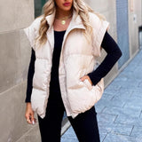 New Women's Solid Color Zipper Pocket Cotton Vest Fashion Collar Temperament Commuting