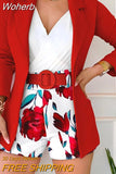 Women 2pcs Clothes Suit with Belt Long Sleeve Blazer & Floral Print Shorts Set-Outfit