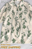 Women Turn Down Collar Short Sleeve Blouse College wind Leaf Print Shirts Summer Casual Office Button Vintage Shirt Tops-Outfit