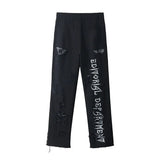 Letter Embroidery Ripped Hole Jeans Men and Women Straight Oversize Washed Denim Trousers Loose Raw Edge Jean
