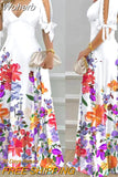 V-Neck Bell Sleeve Maxi Dress Women Sexy High Waist Fashion Casual Sexy Summer Spring Long Dress Ruffles-Outfit