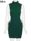 Kliou Stunning Stacked Mini Dress Women Sexy Solid Mock Neck Sleeveless Draw String Bodycon Party Clubwear Elegant Female