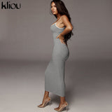 Kliou strap backless sexy bodycon midi long dress new women high waist cotton striped dresses elegant fashion party