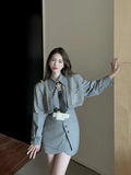 Grey Shirts + Skirt + Tie + Vest Suit Female 2022 Spring Dress Ladies Knitted Vests Layered Shirt Royal Sister Three-piece