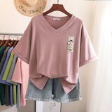 100% Cotton L-6XL T Shirt Plus Size Tshirt Short Sleeve Women Top Summer Japan Cartoon Print V Neck Oversized T Shirts-Outfit