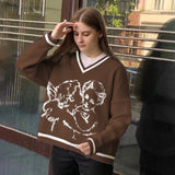 Print Y2K Loose Sweaters V-neck Warm Autumn Winter Pullovers Grunge Aesthetic Cute Casual Tops Streetwear