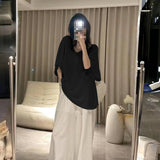 Shoulder V-Neck Cotton Short-Sleeved T-Shirt Women's Summer Korean Version Of The Big Version Of The Loose Half-Sleeved Top Simple Casual