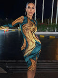 2022 Long Sleeve Print Bodycon Sexy Dress Autumn Winter Women Party Elegant Slim Christmas Club
