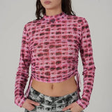 Graphic Print Green Mesh Sheer T-shirt Long Flare Sleeve Slim Crop Tops Sexy See Trough Women Tops Y2K Vintage