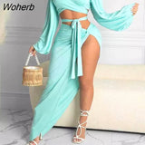 Pieces Sets Sexy & Club Women Off Shoulder Top & Slit Bodycon Skirts-Outfit