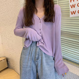 Woherb Thin V-Neck Long-Sleeved Sweater Coat Female Autumn 2024 New Korean Version Of Net Celebrity Large Size Bottom Shirt Tide-Outfit