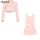 Autumn Pink Elegant Two Piece Set Women Korean Style Balzer Coat+Strap Mini Dress Set Female Solid Casual Slim Designer Set-Outfit