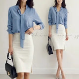 Loose Women Tops and Blouses Long Sleeve Bow Tie Korean Ladies Clothing Chiffon Shirts Blouse Women Solid Color Shirt