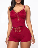 hirigin Casual Home Pajamas Set 2 Pieces Nightwear Set for Women Solid Color Lace V-Neck Sleeveless Top and