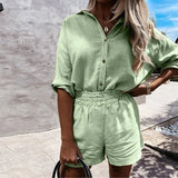 Women Linen Shorts Set 2021 Turn-down Collar Long Sleeve Top Shirt And Shorts Casual Two Pieces Set Loose Outfit